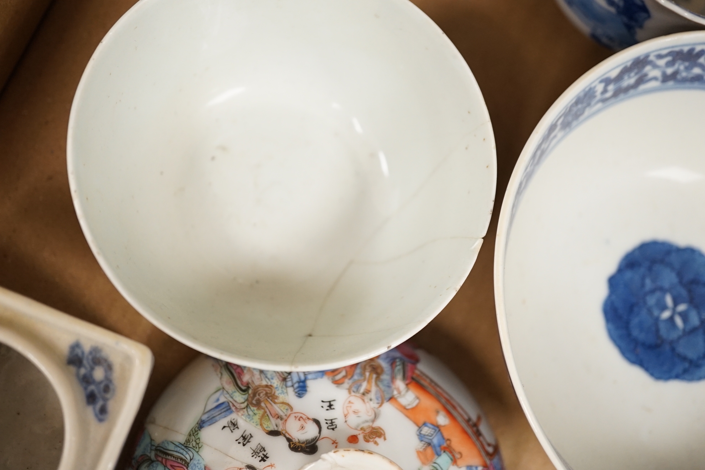 A collection of mostly Chinese blue and white bowls, plates, cups etc. 18th to early 20th century